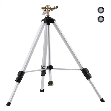 Front. VEVOR - Impact Sprinkler on Tripod Base, Heavy Duty Tripod Sprinklers with Brass Head & 3/4" Connector, 360 Degree Large Area - White.