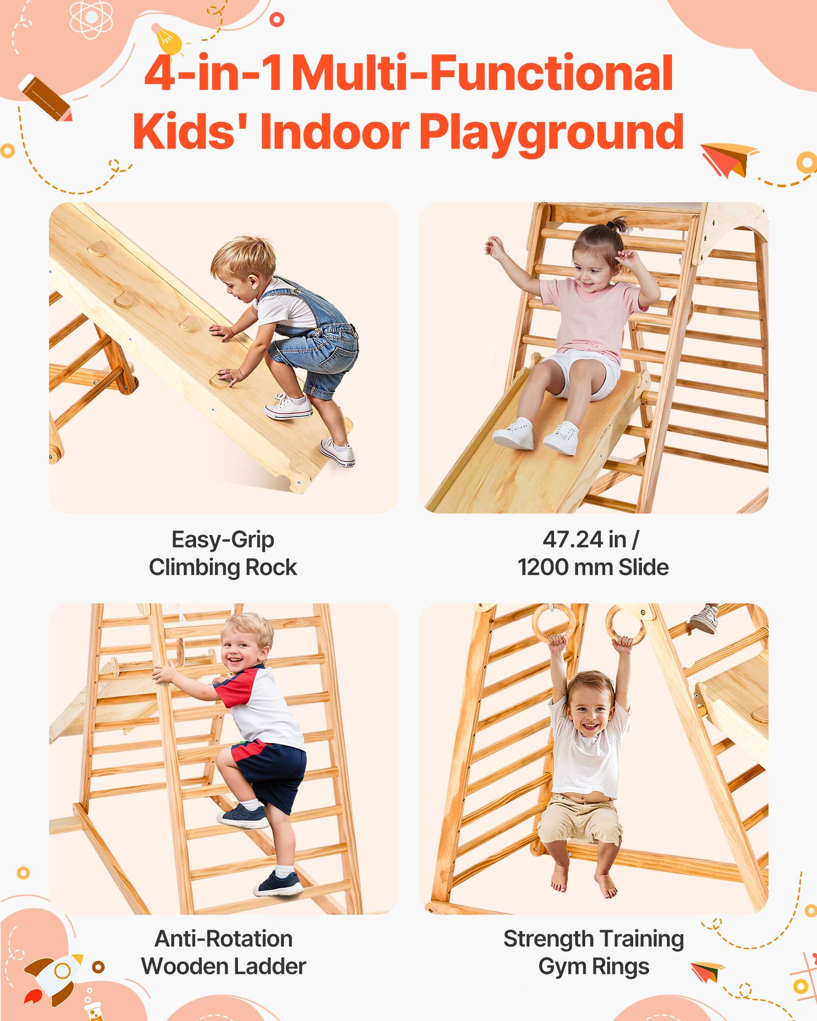 4-in-1 Multi-Functional Kids' Indoor Playground

- Easy-Grip Climbing Rock
- 47.24 in / 1200 mm Slide
- Anti-Rotation Wooden Ladder
- Strength Training Gym Rings