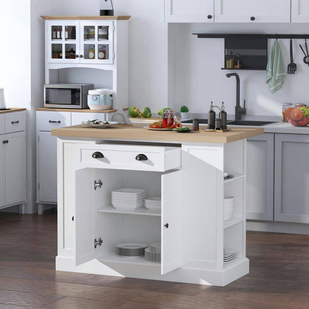 Angle. Kadyn - 47" Kitchen Island with Fluted Design, Drop-Leaf, Drawer, and Shelves, White - White.