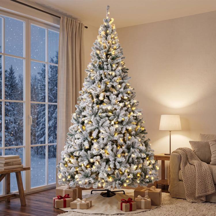 Alt View 1. PULUZ - 9ft Flocked Prelit Christmas Tree, Fraser Fir, Hinged Xmas Tree - White and Green.
