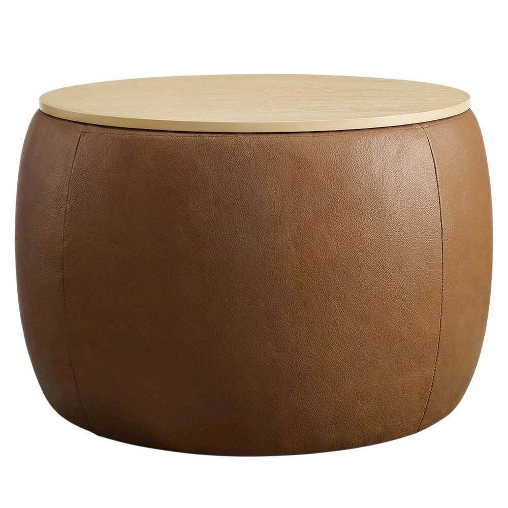 Front. Outdoor Escape - Vegan Leather Storage Ottoman, Neutral Color with Spacious Seat, Durable - Beige.