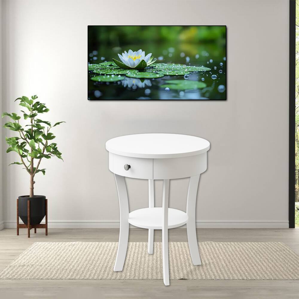 Front. Hivvago - 2-Layer Wooden Round Side Table with Open Storage Drawer - White.