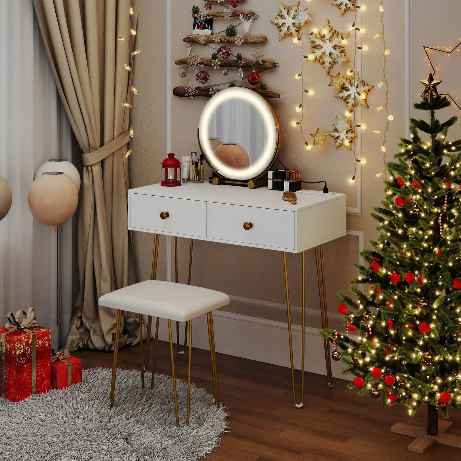 Alt View 5. Costway - Costway Vanity Desk with Mirror and Lights Lighted Adjustable Mirror 2 Drawers for Bedroom - White.