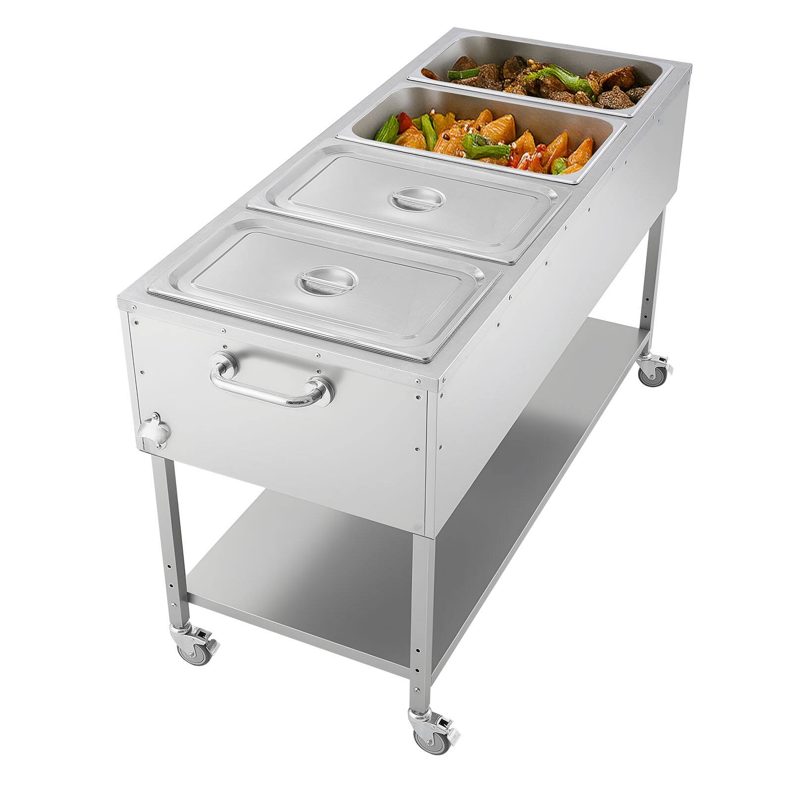 Alt View 5. VEVOR - 4-Pan Commercial Propane Steam Table, LP Gas Outdoor Soup Warmer with Drain Valve and 3" Wheels, Stainless Steel - Silver.
