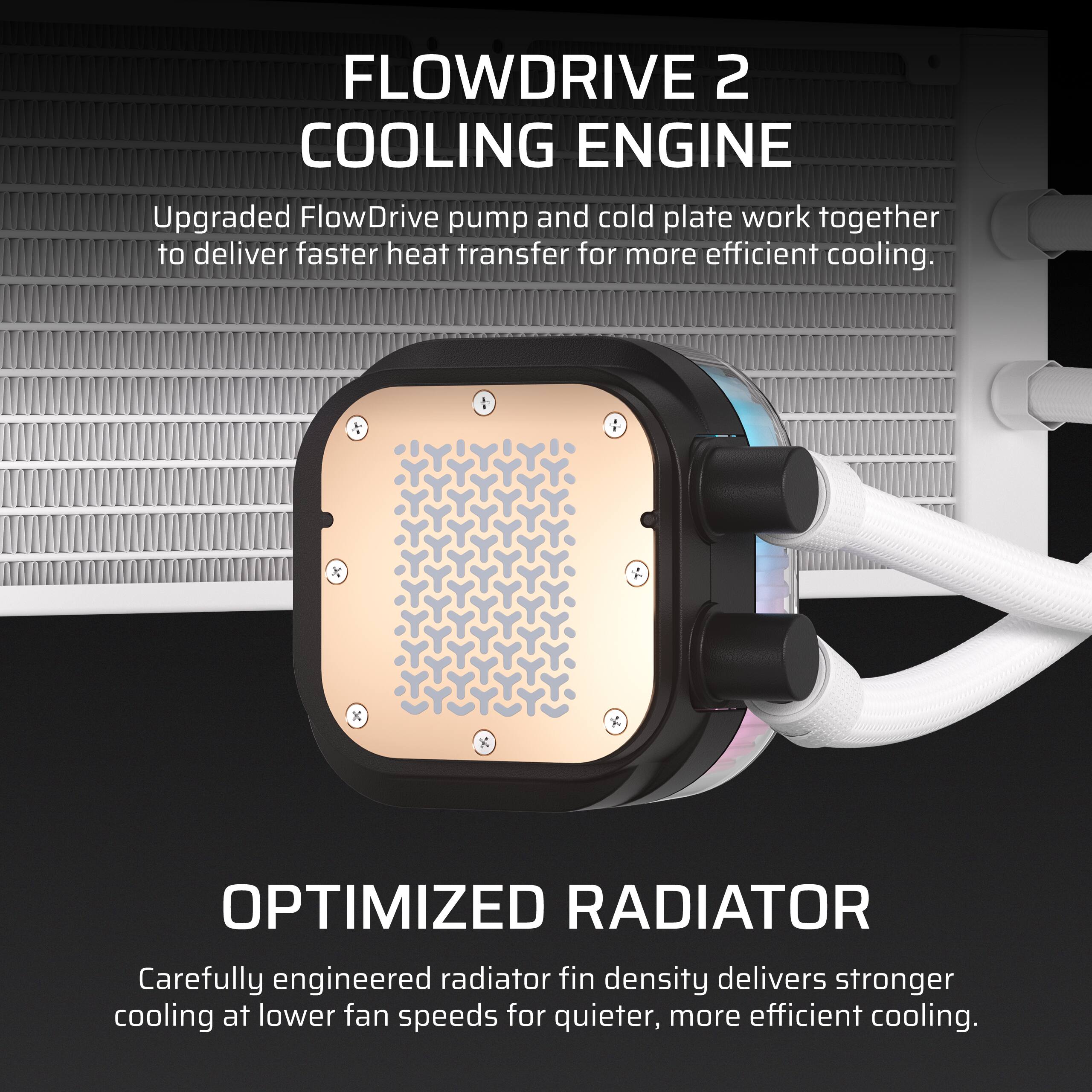 FLOWDRIVE 2 COOLING ENGINE  
Upgraded FlowDrive pump and cold plate work together to deliver faster heat transfer for more efficient cooling.  

OPTIMIZED RADIATOR  
Carefully engineered radiator fin density delivers stronger cooling at lower fan speeds for quieter, more efficient cooling.