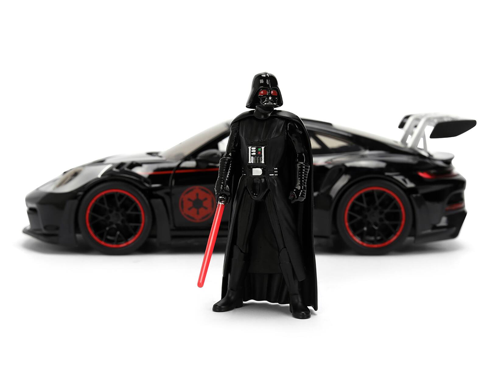 Alt View 5. Jada - Porsche 911 GT3 RS (992) Black with Silver Hood and Graphics and Darth Vader Figure "Star Wars" 1/24 Model Car by Jada.