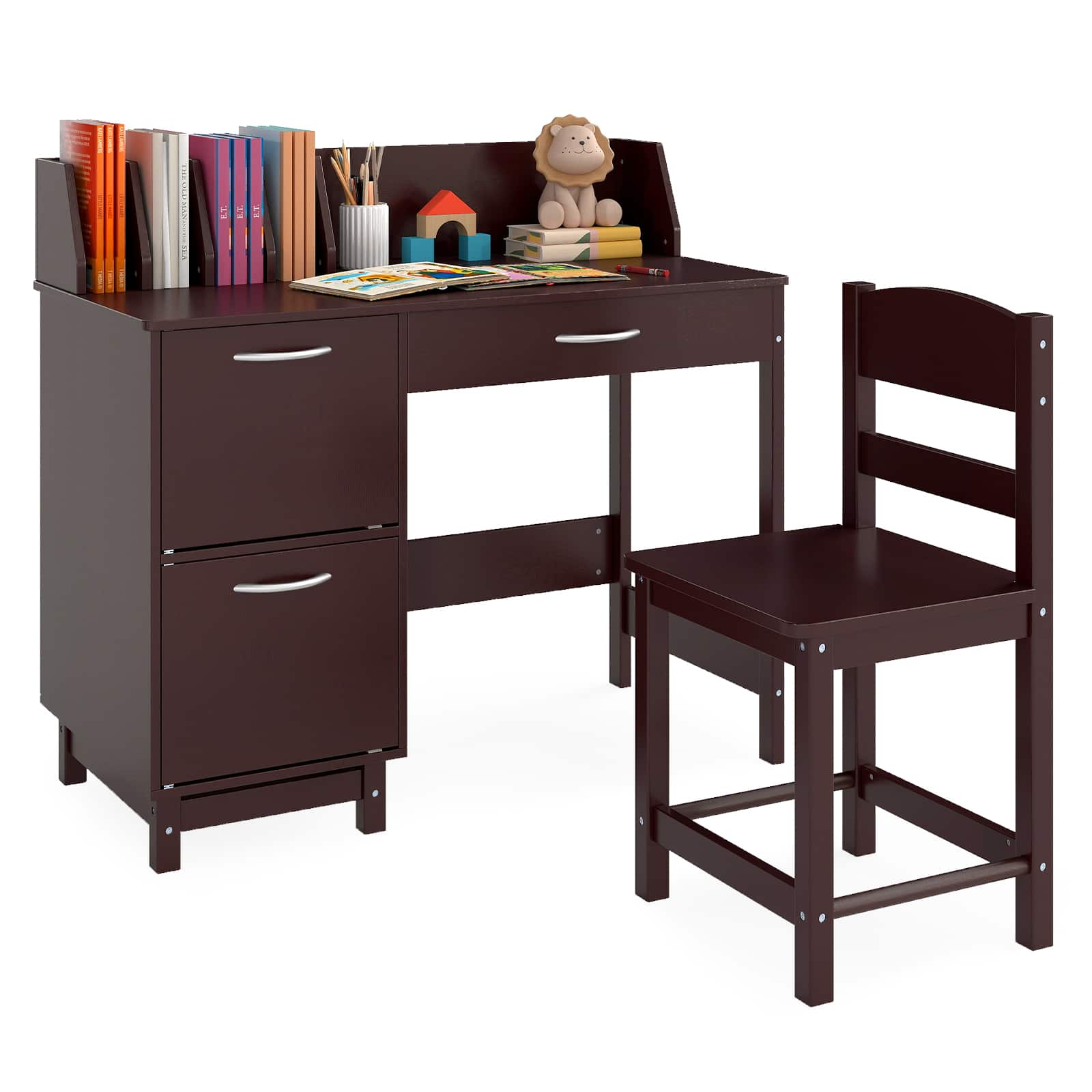 Gymax - Kids Study Desk & Chair Set w/Chair 2 Storage Cabinets Drawer 4 Book Sorters - Brown