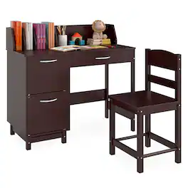 Gymax - Kids Study Desk & Chair Set w/Chair 2 Storage Cabinets Drawer 4 Book Sorters - Brown