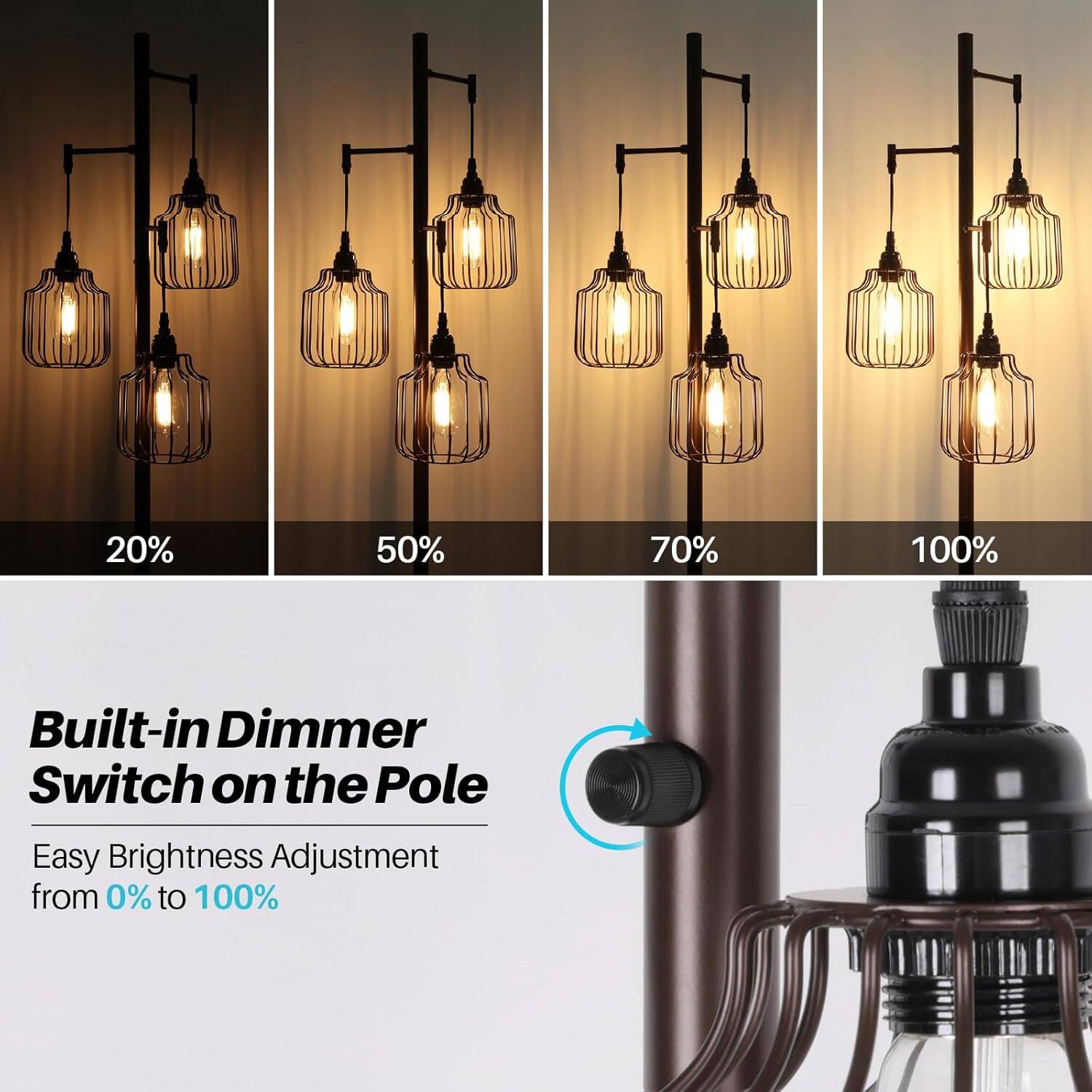 20% 50% 70% 100%

Built-in Dimmer Switch on the Pole

Easy Brightness Adjustment from 0% to 100%