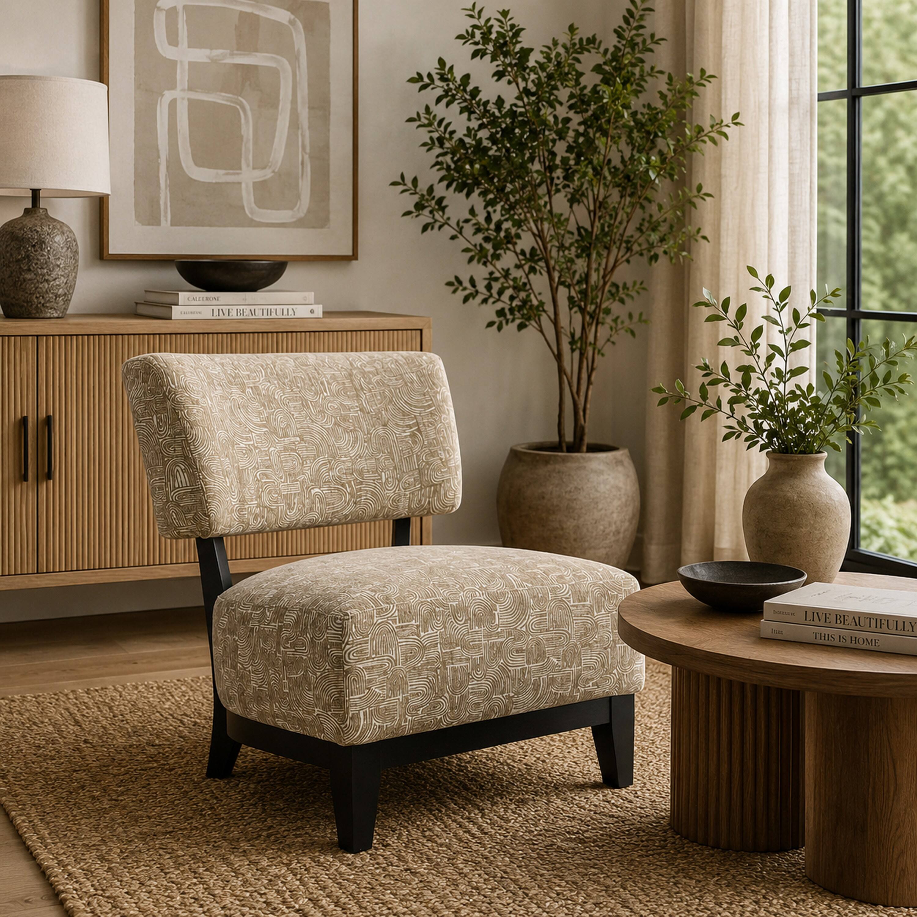 Manhattan Lane Beth Accent Chair with Angled Back, Wood Abstract Fabric ...