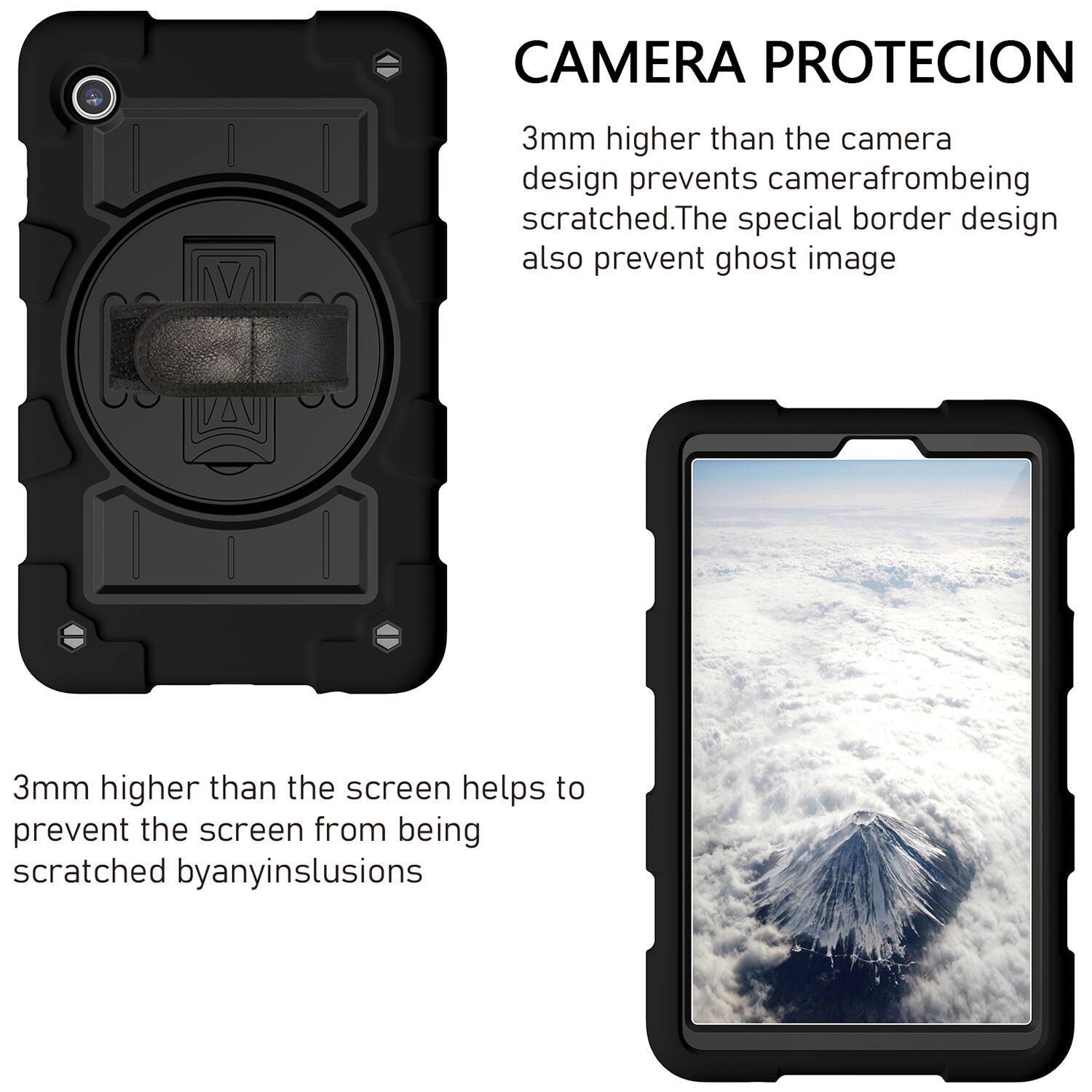 CAMERA PROTECION  
3mm higher than the camera design prevents camera from being scratched. The special border design also prevents ghost image.  

3mm higher than the screen helps to prevent the screen from being scratched by any inclusions.