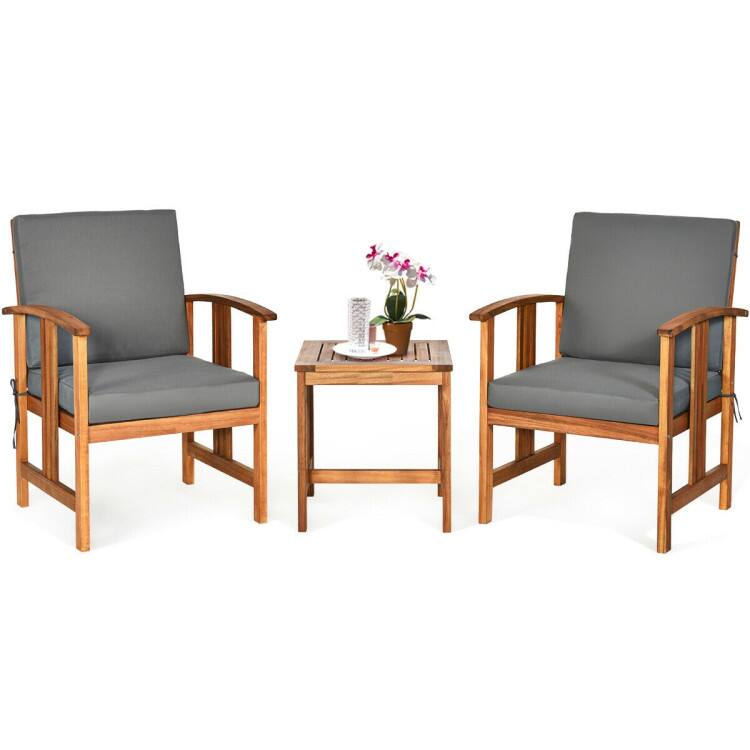 Alt View 3. Mondawe - 3 Piece Solid Wood Outdoor Patio Sofa Furniture Set with Thick Cushions - Grey.