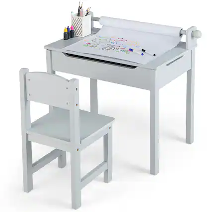 Front. Costway - Costway Toddler Craft Table & Chair Set Kids Art Crafts Table withPaper Roll Holder - Grey.