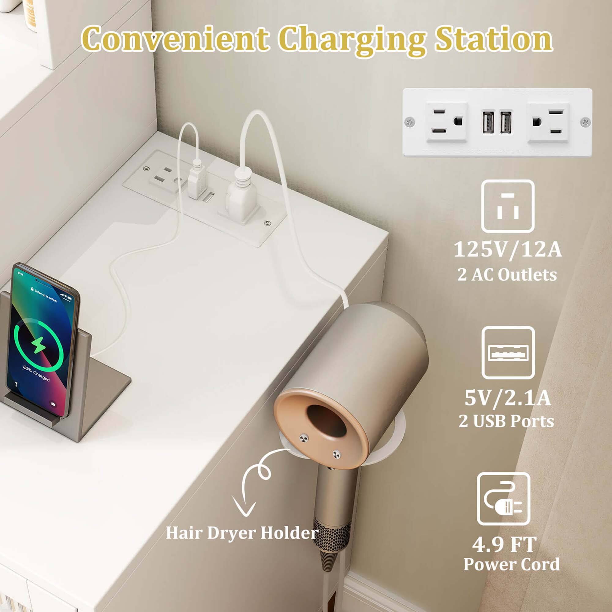 Convenient Charging Station

125V/12A  
2 AC Outlets

5V/2.1A  
2 USB Ports

Hair Dryer Holder

4.9 FT Power Cord