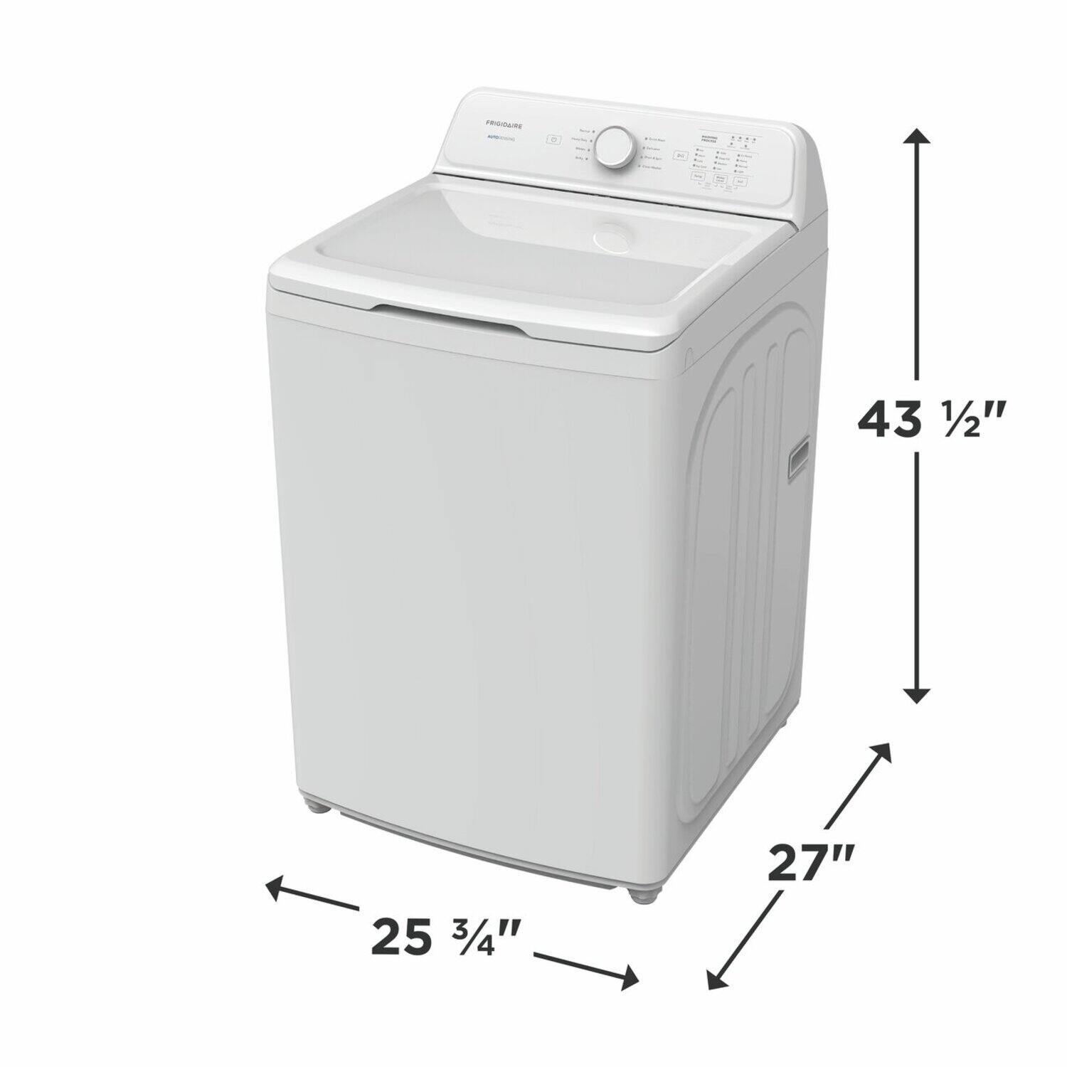 The dimensions of the washing machine are:

- Height: 43 1/2"
- Width: 25 3/4"
- Depth: 27"