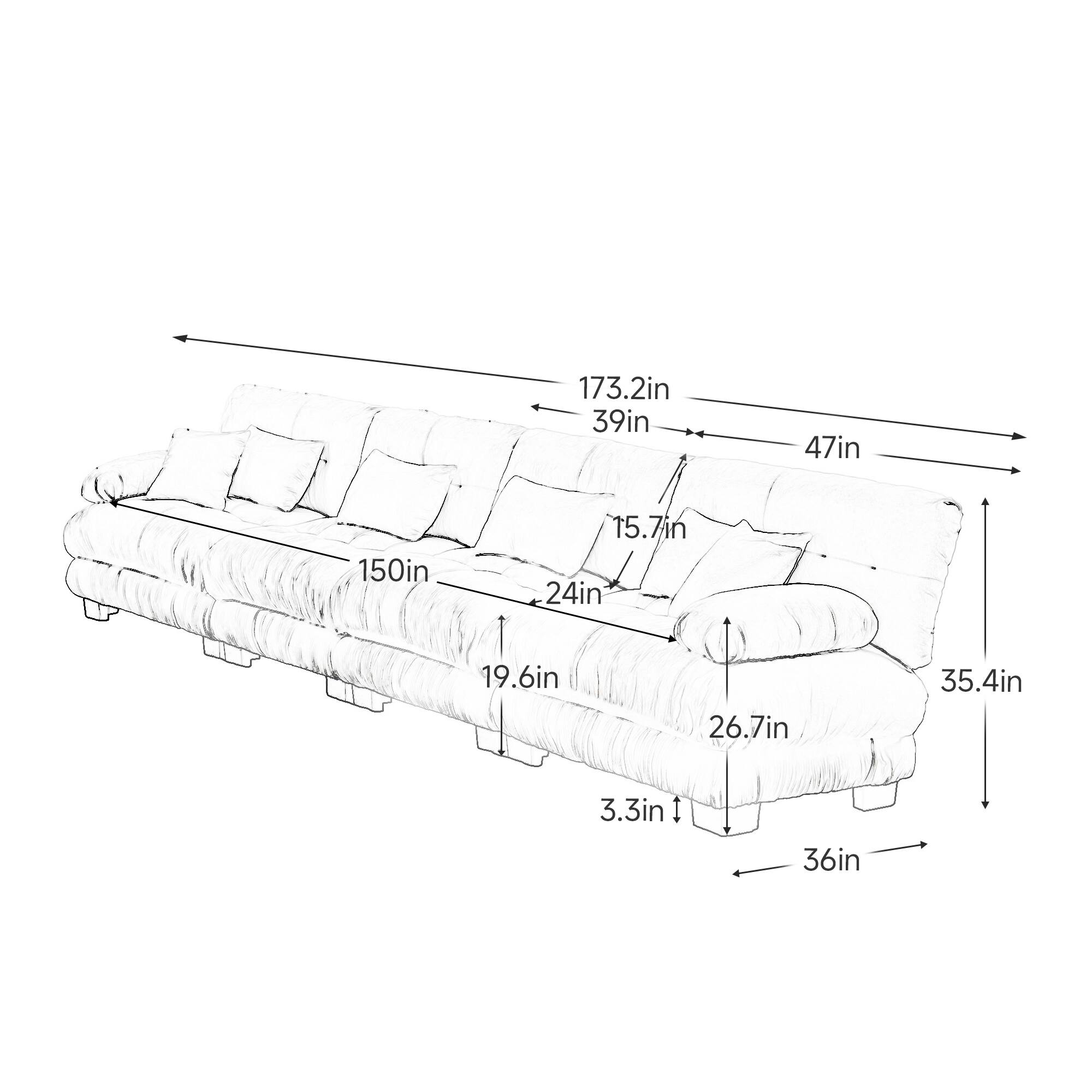 173.2in  
39in  
47in  
150in  
15.7in  
24in  
19.6in  
26.7in  
35.4in  
3.3in  
36in