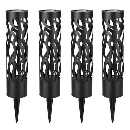 Front. Home Zone Security - Hollow-Metal Bollard Solar Outdoor Light, 50 Lumens, Ground Stake, 2 Light Modes, Dusk to Dawn, 4 Pack - Black.