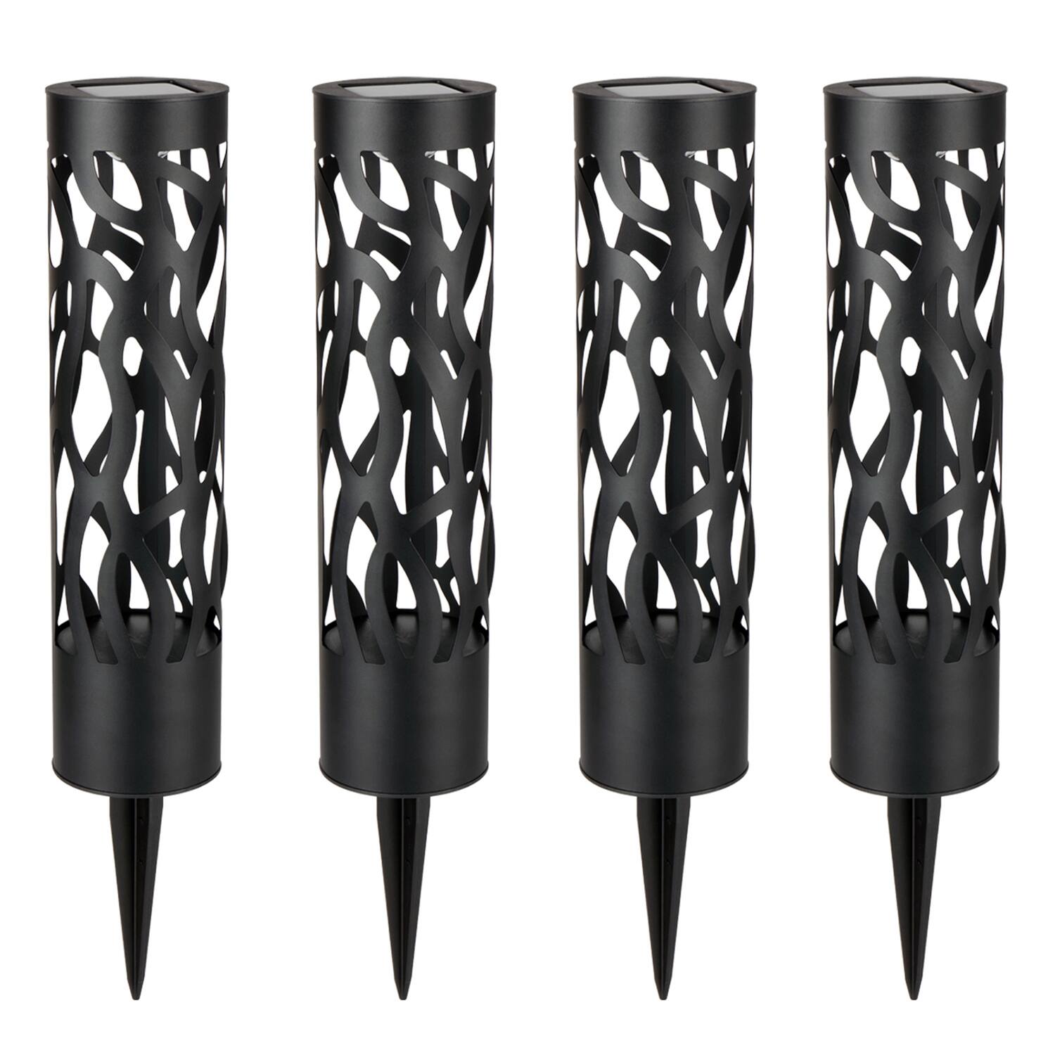 Front. Home Zone Security - Hollow-Metal Bollard Solar Outdoor Light, 50 Lumens, Ground Stake, 2 Light Modes, Dusk to Dawn, 4 Pack - Black.