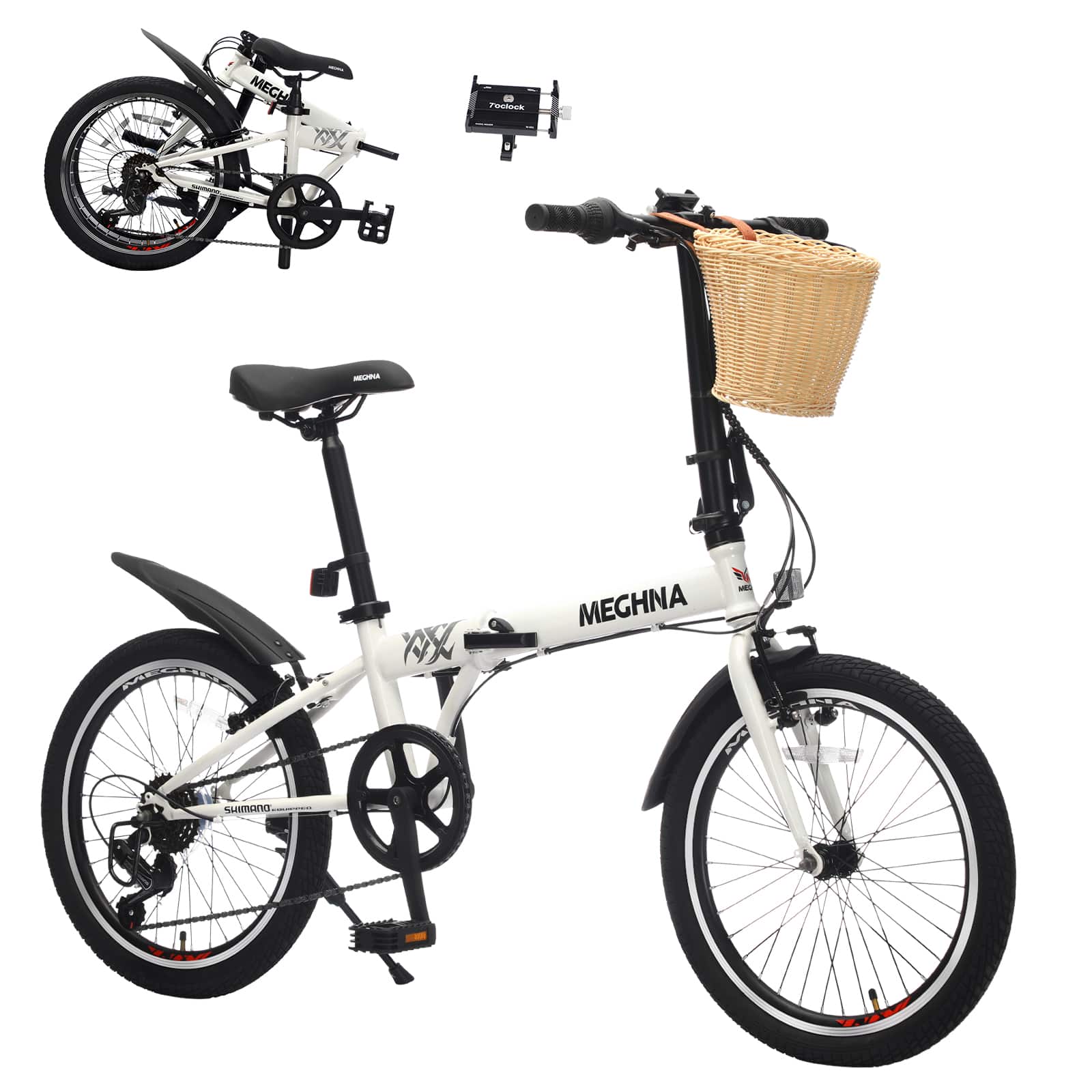 Chery Life - 20 in. Steel 6-Speed Dual V-Brake Portable Compact Folding Bike for Adults with Basket - White