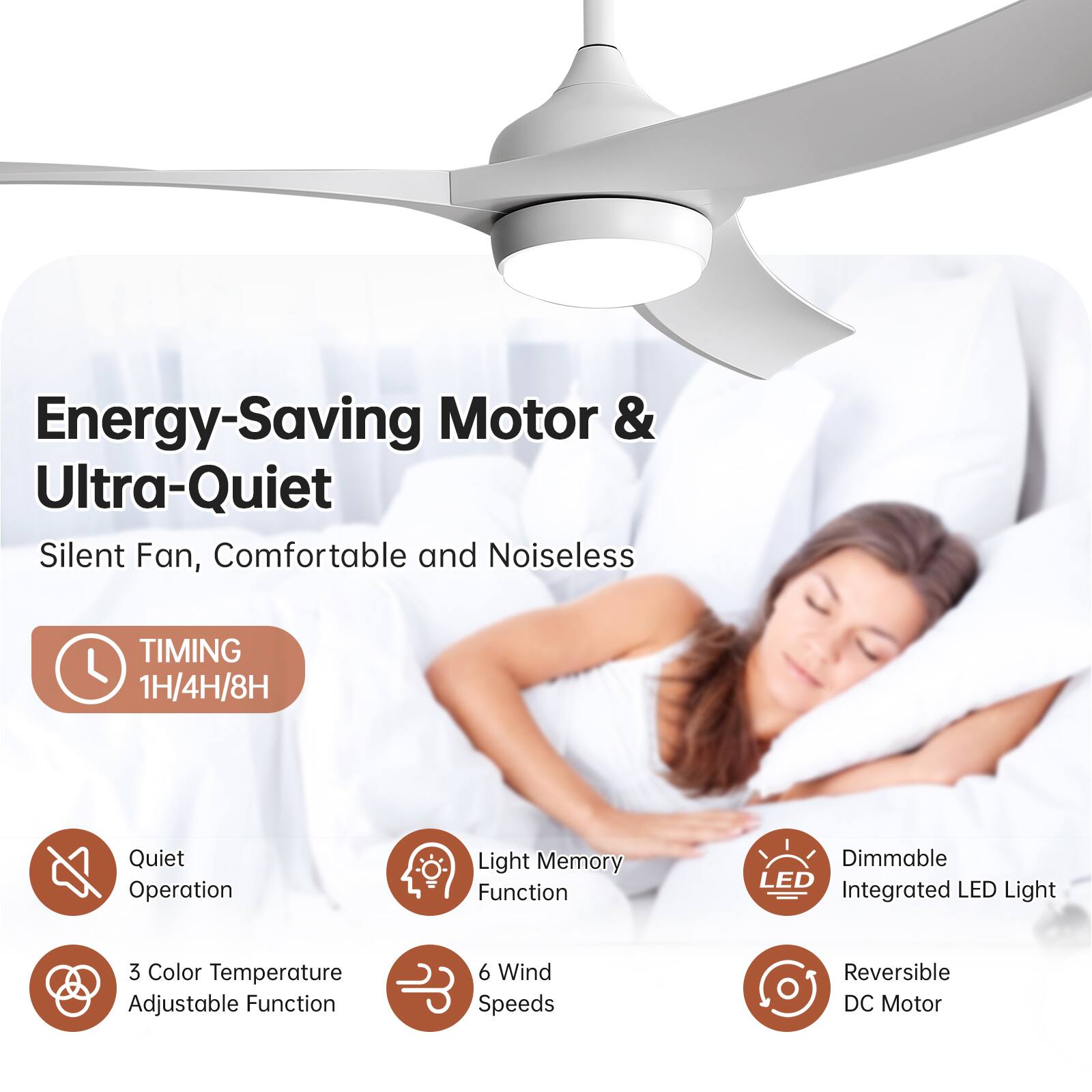 Energy-Saving Motor & Ultra-Quiet  
Silent Fan, Comfortable and Noiseless  

- TIMING 1H/4H/8H  
- Quiet Operation  
- Light Memory Function  
- Dimmable Integrated LED Light  
- 3 Color Temperature Adjustable Function  
- 6 Wind Speeds  
- Reversible DC Motor