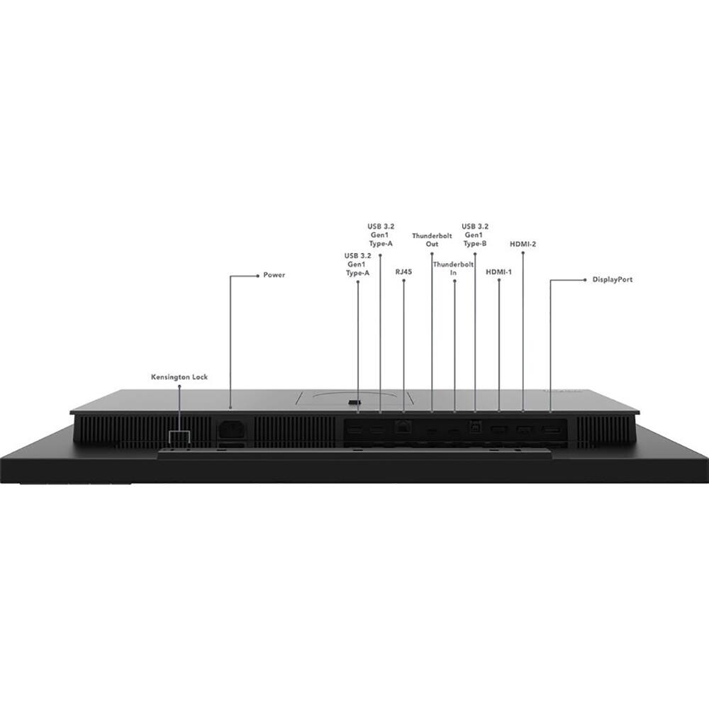 - Power
- USB 3.2 Gen1 Type-A
- USB 3.2 Gen1 Type-A
- USB 3.2 Gen1 Type-A
- USB 3.2 Gen1 Type-B
- Thunderbolt In
- Thunderbolt Out
- HDMI-1
- HDMI-2
- DisplayPort
- Kensington Lock