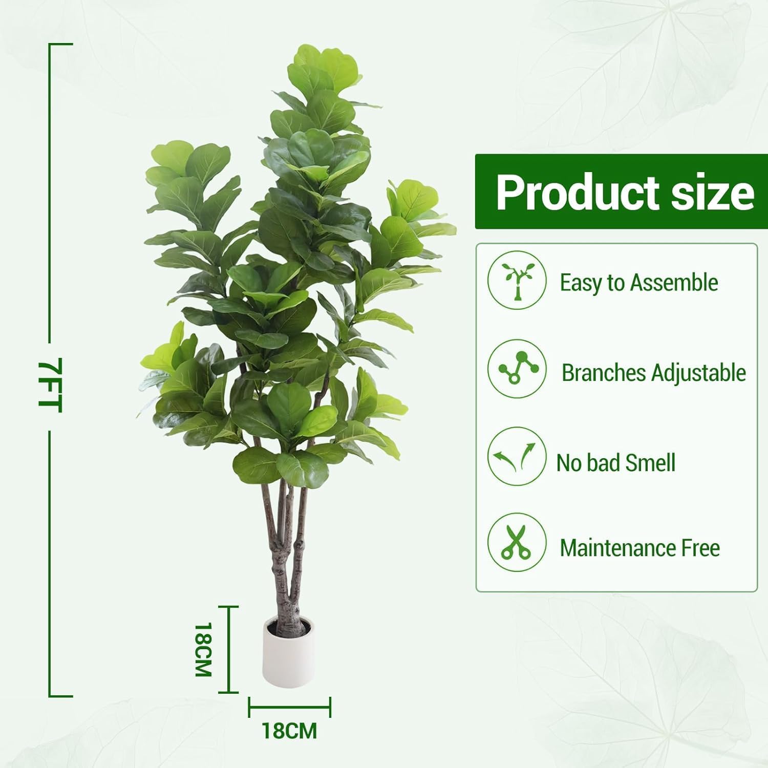 Product size  
Easy to Assemble  
Branches Adjustable  
No bad Smell  
Maintenance Free  

7FT  
18CM x 18CM