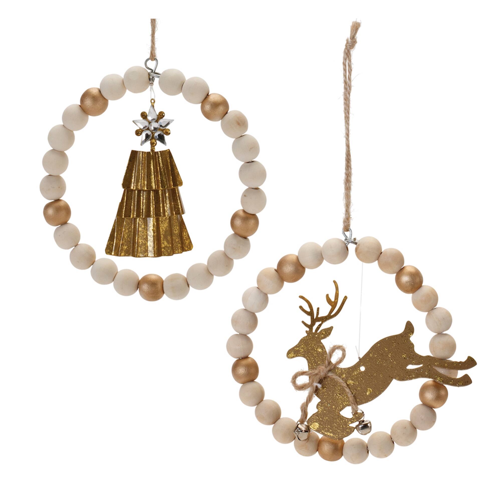 Front. BreeBe - Beaded Wood Tree and Deer Ornament (Set of 6) - Bronze, Beige.
