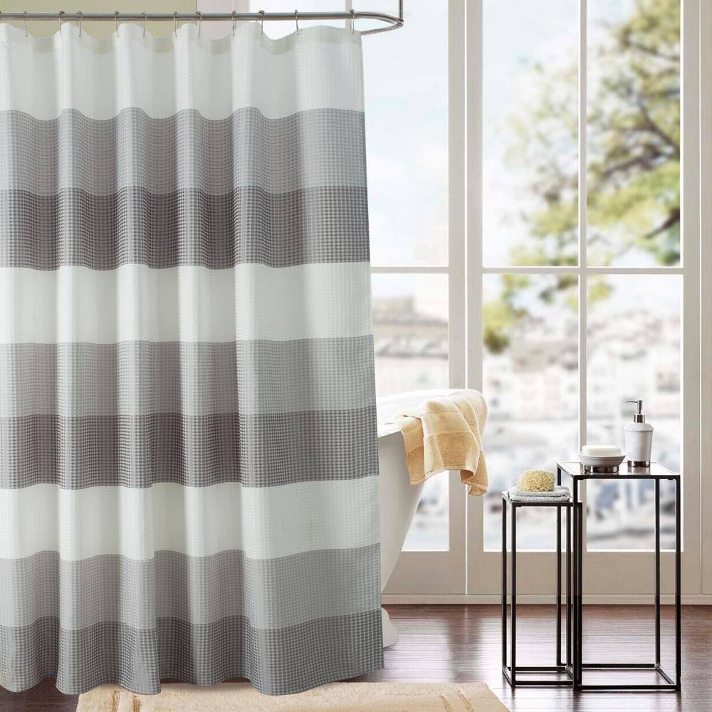 Angle. Olivia Gray - Olivia Gray Glamor Fade-resistant Striped Waffle Jacquard Shower Curtain with 1 Stitched Buttonholes 70" x 72" Silver - Silver.