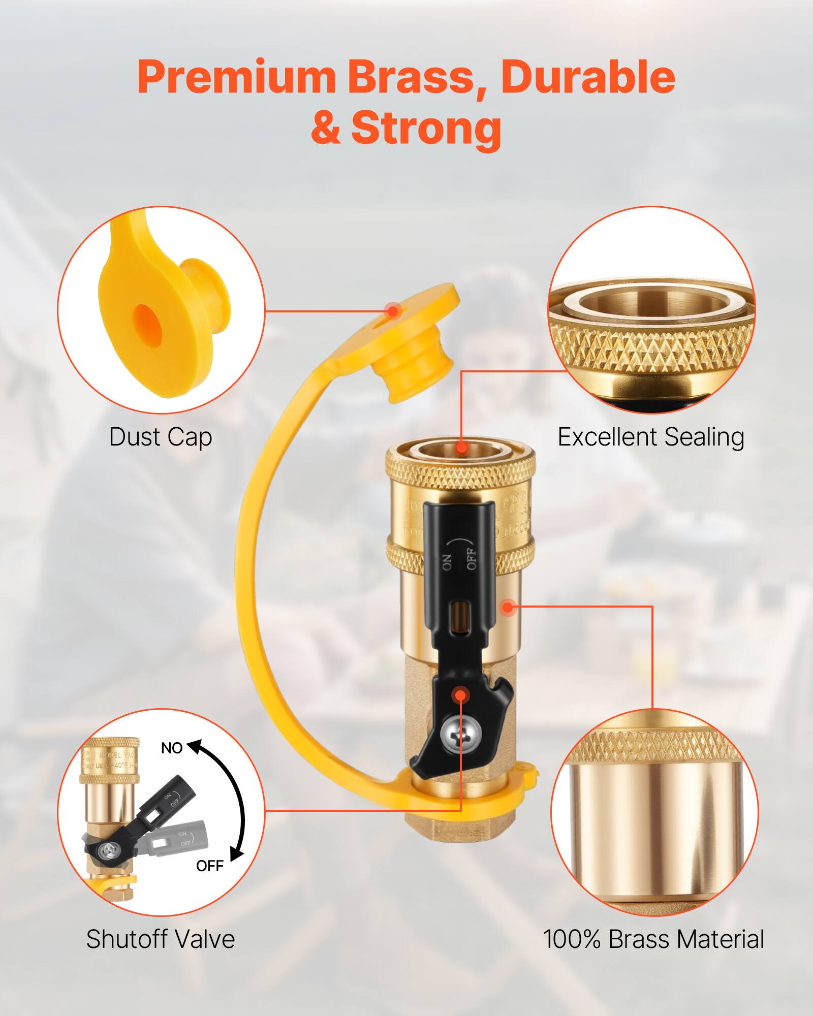 Premium Brass, Durable & Strong

- Dust Cap
- Excellent Sealing
- Shutoff Valve
- 100% Brass Material