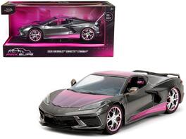 Jada - 2020 Chevrolet Corvette Stingray Carbon Hood and Top "Pink Slips" Series 1/24 - Gray Metallic With Pink