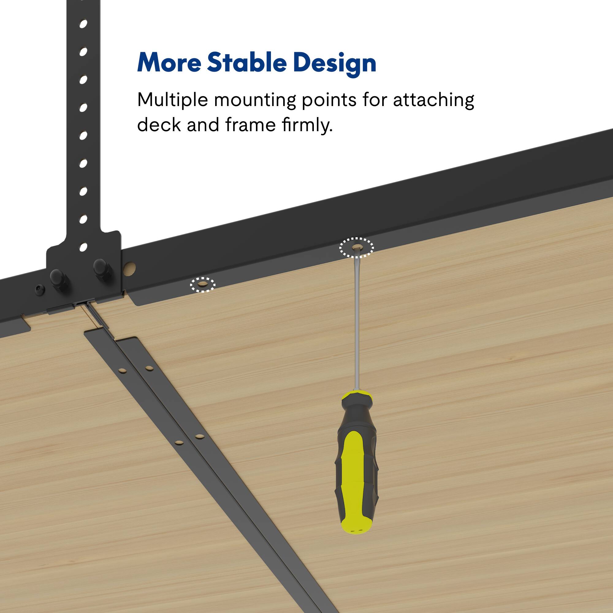More Stable Design  
Multiple mounting points for attaching deck and frame firmly.