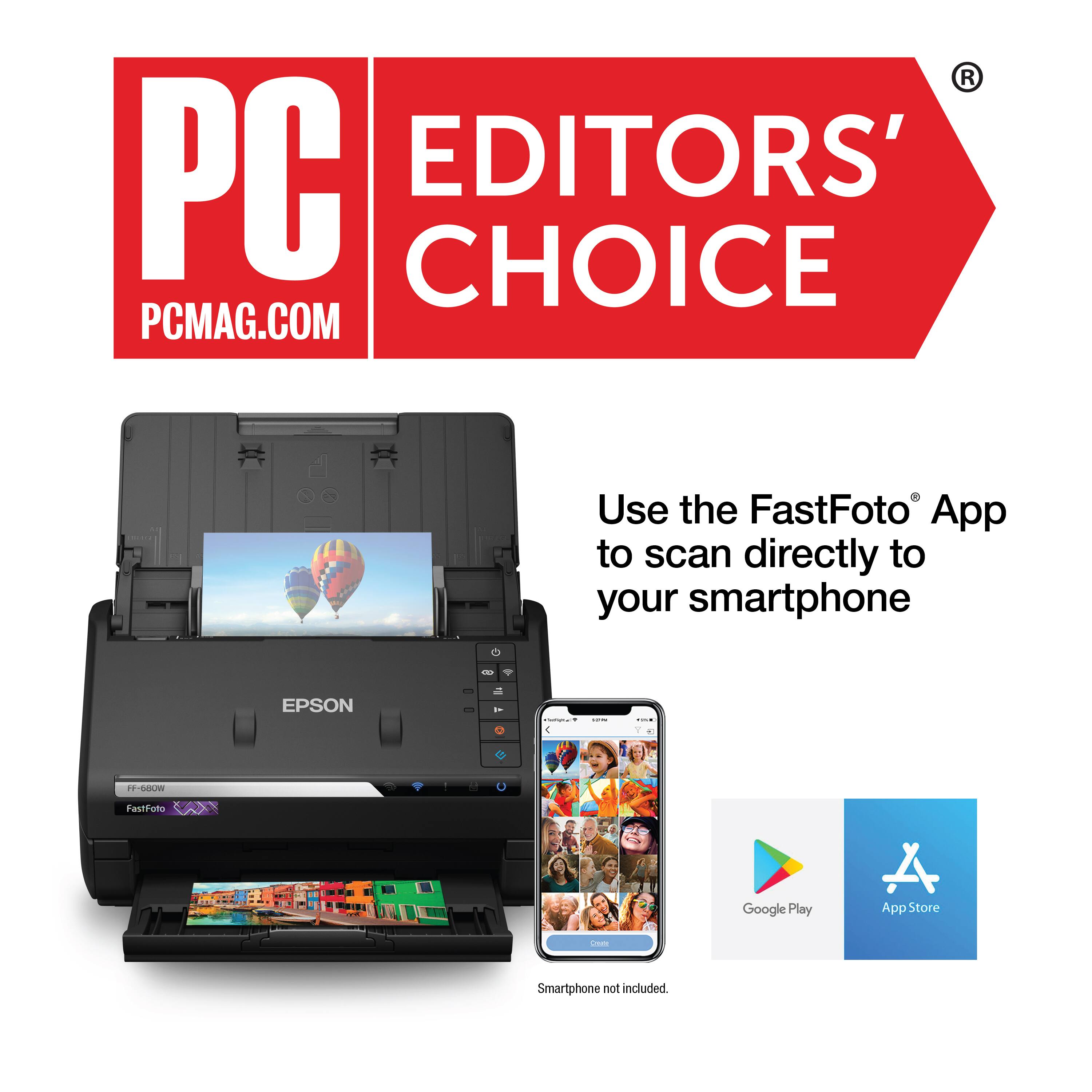 Use the FastFoto App to scan directly to your smartphone. PCMAG.COM EPSON FastFoto MX Google Play App Store Smartphone not included.