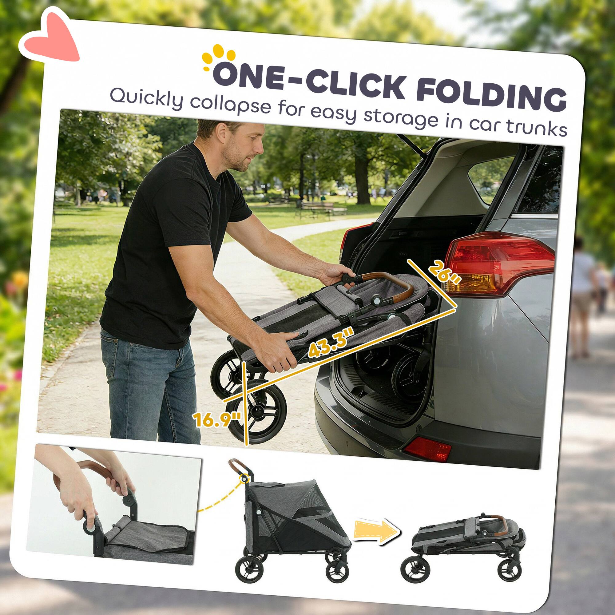 ONE-CLICK FOLDING  
Quickly collapse for easy storage in car trunks  

43.3" 26" 16.9"