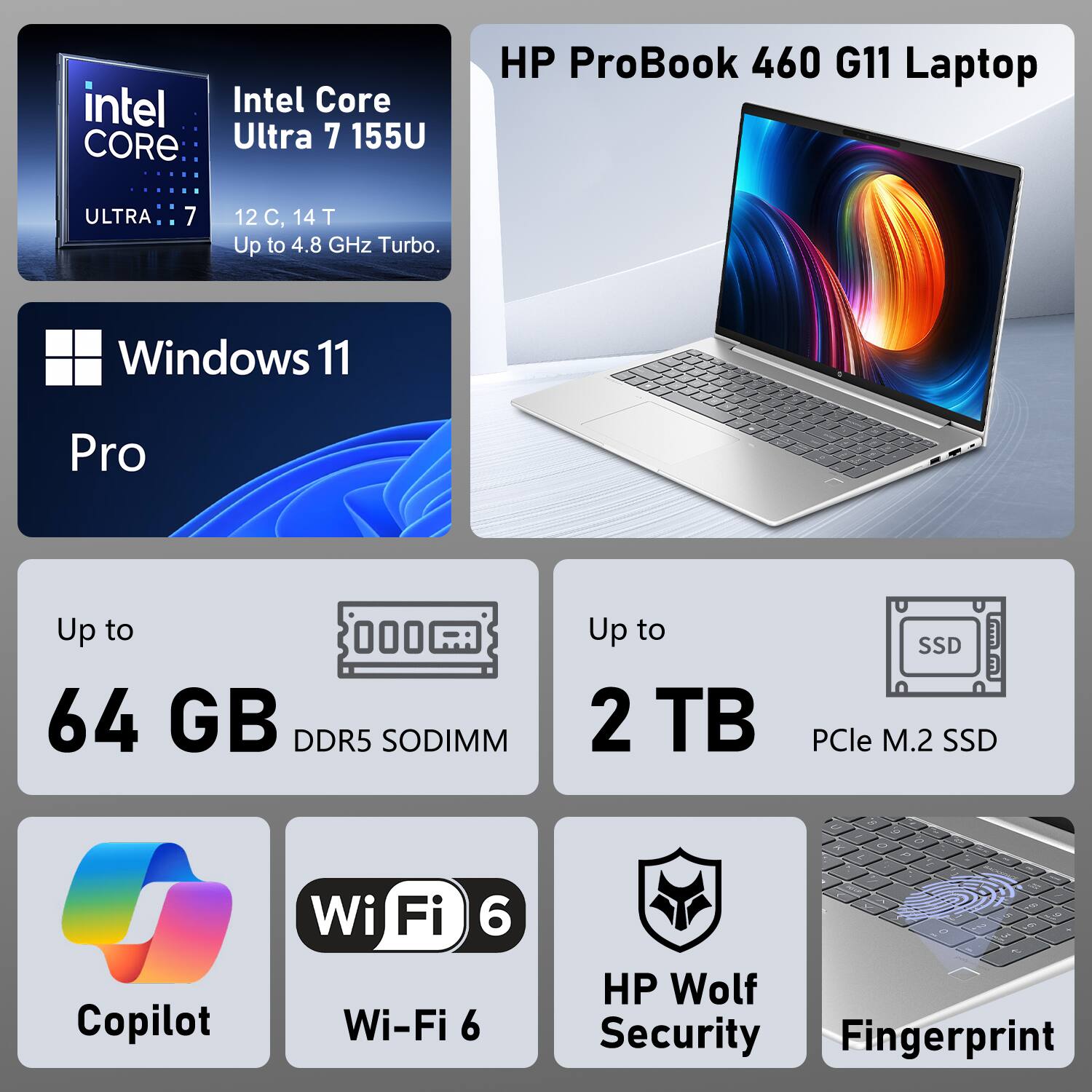 Intel Core Ultra 7 155U  
12 C, 14 T  
Up to 4.8 GHz Turbo.

Windows 11 Pro

HP ProBook 460 G11 Laptop

Up to 64 GB DDR5 SODIMM

Up to 2 TB PCIe M.2 SSD

Copilot

Wi-Fi 6

HP Wolf Security

Fingerprint