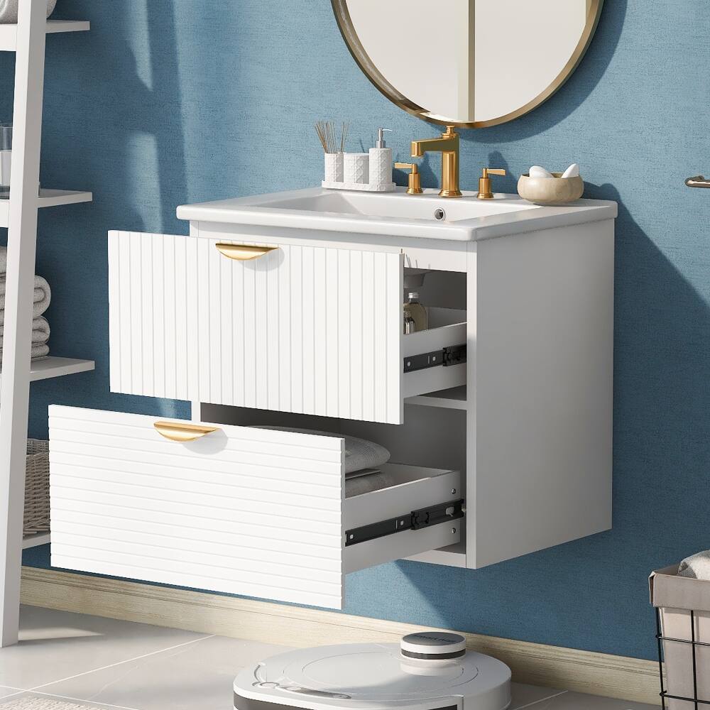 Angle. Loheer - Loheer 24 inch wall mounted bathroom vanity White Floating Vanity with Sink 2 Drawer Bathroom Cabinet - White.