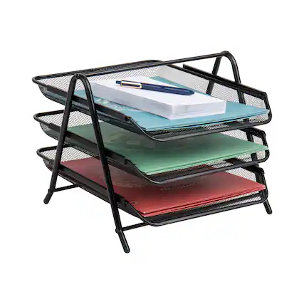 Front. Mind Reader - 3-Tier Paper Tray, Desktop Organizer, File Storage, Workspace, Office, Metal Mesh, 11.5"L x 13.75"W x 10"H - Black.