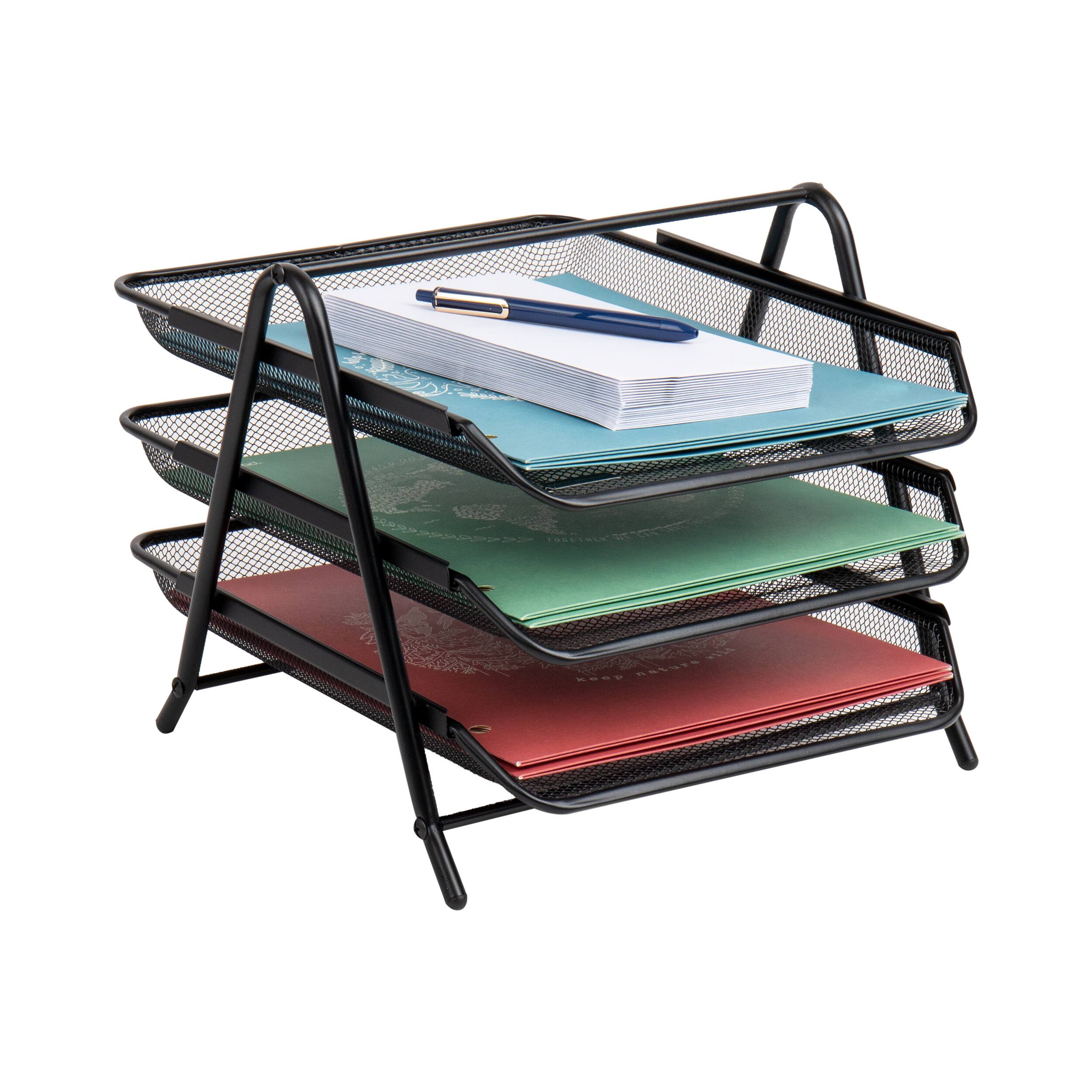Mind Reader - 3-Tier Paper Tray, Desktop Organizer, File Storage, Workspace, Office, Metal Mesh, 11.5"L x 13.75"W x 10"H - Black