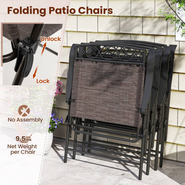 Folding Patio Chairs

Unlock  
Lock

No Assembly

9.5lbs  
Net Weight per Chair