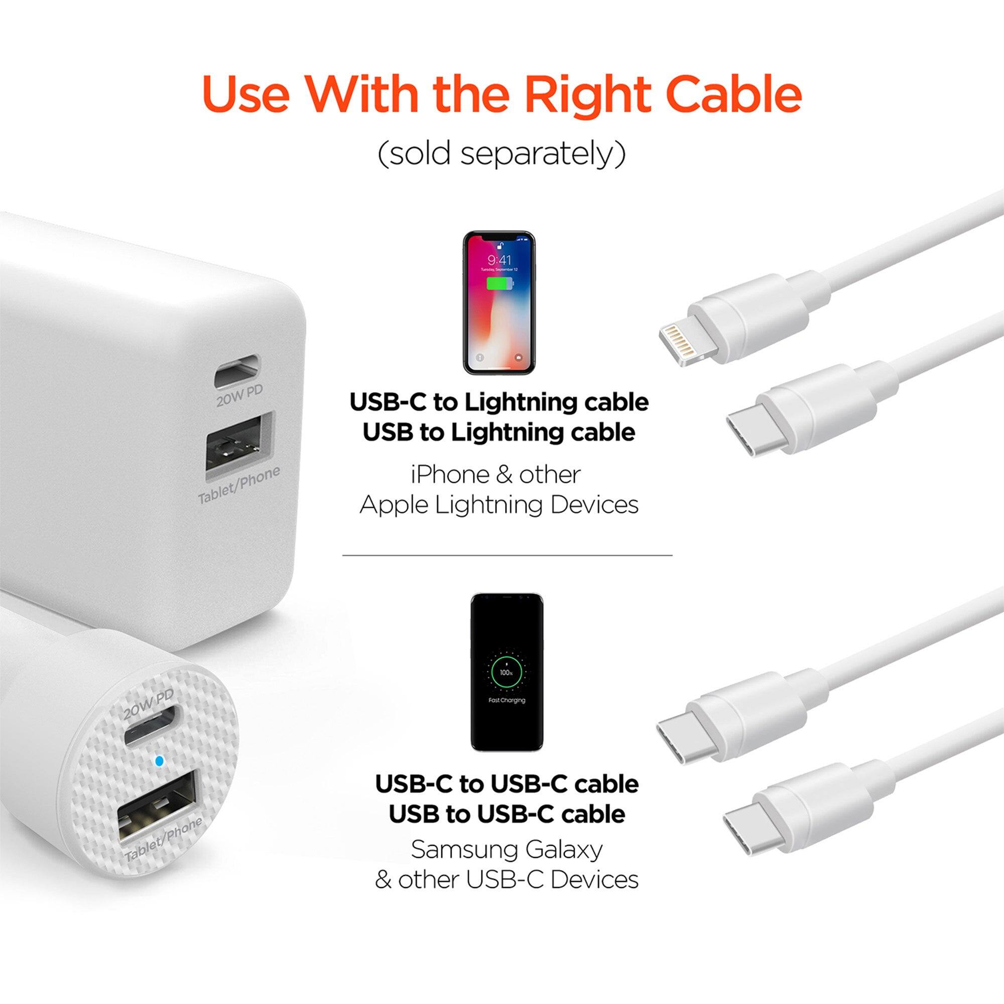 Use With the Right Cable (sold separately)

9:41
20W PD Tablet/Phone
USB-C to Lightning cable
USB to Lightning cable
iPhone & other Apple Lightning Devices

20W PD
00h

Tablet/Phone
USB-C to USB-C cable
USB to USB-C cable
Samsung Galaxy & other USB-C Devices