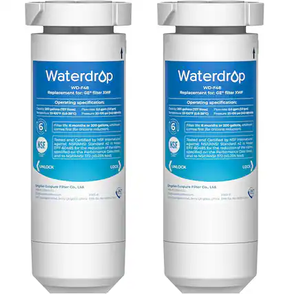 Waterdrop WD-F48 Replacement for: GE filter XWF
Operating specification:
- Capacity: 200 gallons (757 litres)
- Flow rate: 0.5 gpm (19 lpm)
- Temperature: 33-100°F (0.6-38°C)
- Pressure: 20-100 psi (140-689 kPa)
Filter life: 6 months or 200 gallons, whichever comes first (for chlorine reduction).
Tested and Certified by NSF International against NSF/ANSI Standard 42 in Model EFF-6048S for the reduction of the claims specified on the Performance Data Sheet and to NSF/ANSI 372 (0.25% lead).
Qingdao Ecopure Filter Co., Ltd.
188 332 3588 (US)
www.waterdropfilter.com
No. 1000, Yuhuang Road, Jimo, Qingdao, China. EPA Est. No. 930310CHN
UNLOCK LOCK
24/7