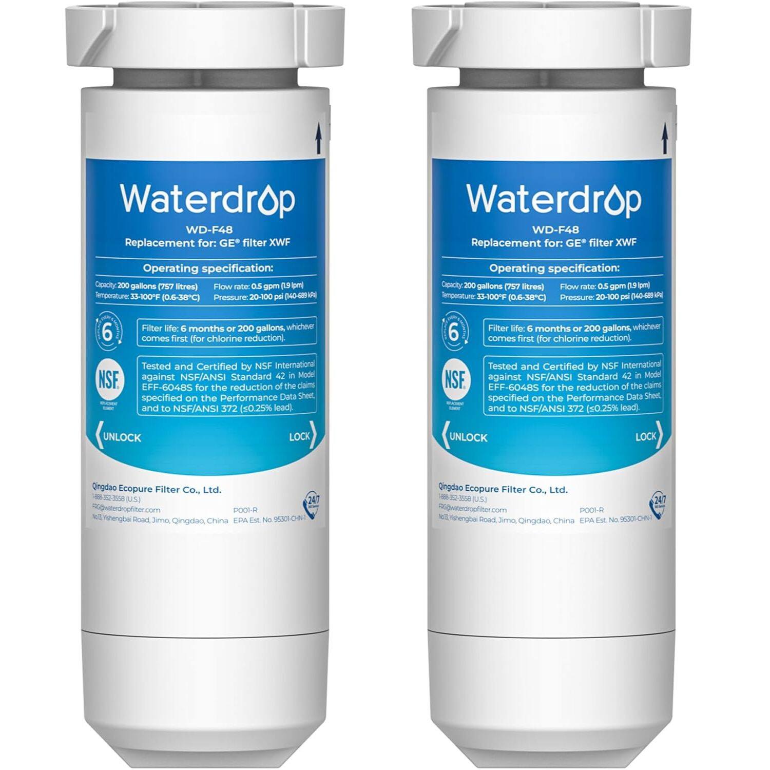 Waterdrop WD-F48 Replacement for: GE filter XWF

Operating specification:
- Capacity: 200 gallons (757 litres)
- Flow rate: 0.5 gpm (19 lpm)
- Temperature: 33-100°F (0.6-38°C)
- Pressure: 20-100 psi (140-689 kPa)

Filter life: 6 months or 200 gallons, whichever comes first (for chlorine reduction).

Tested and Certified by NSF International against NSF/ANSI Standard 42 in Model EFF-6048S for the reduction of the claims specified on the Performance Data Sheet and to NSF/ANSI 372 (0.25% lead).

Qingdao Ecopure Filter Co., Ltd.
188 332 3588 (US)
www.waterdropfilter.com
No. 1000, Yuhuang Road, Jimo, Qingdao, China. EPA Est. No. 930310CHN

UNLOCK LOCK

24/7