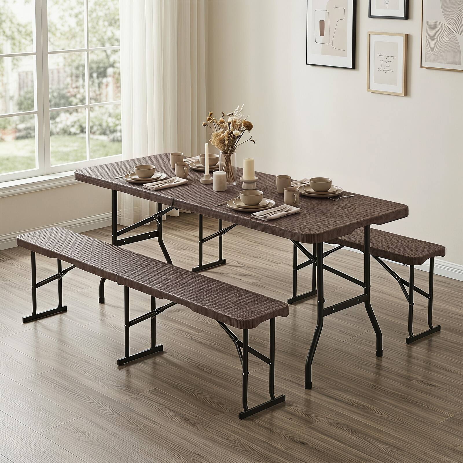 Alt View 3. Costway - Costway 6 FT Plastic Folding Bench, Portable Indoor Outdoor Bench with Carrying Handle - Brown.