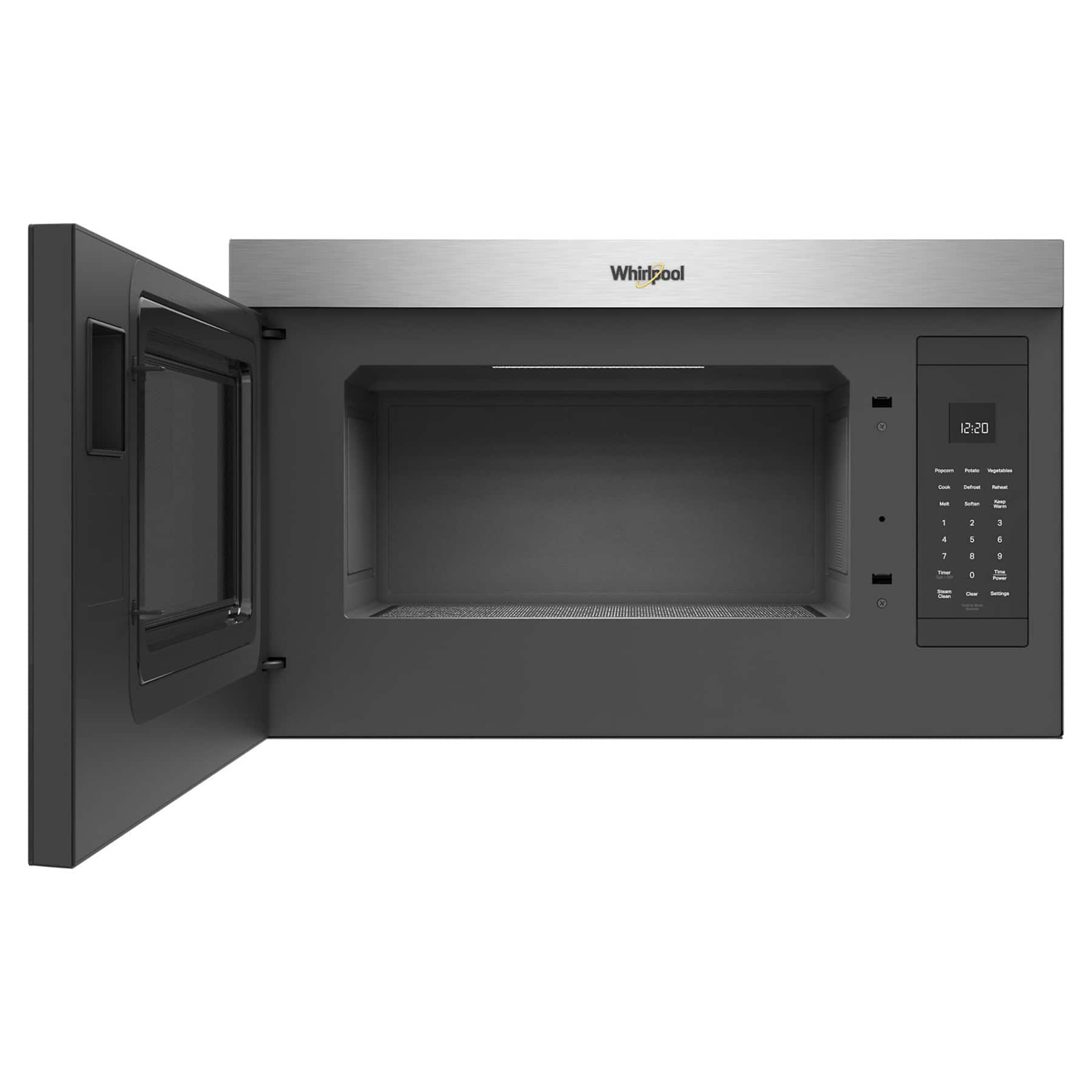 Left. Whirlpool - 1.1 Cu. Ft. Over-the-Range Microwave with Flush Built-in Design - Stainless Steel.