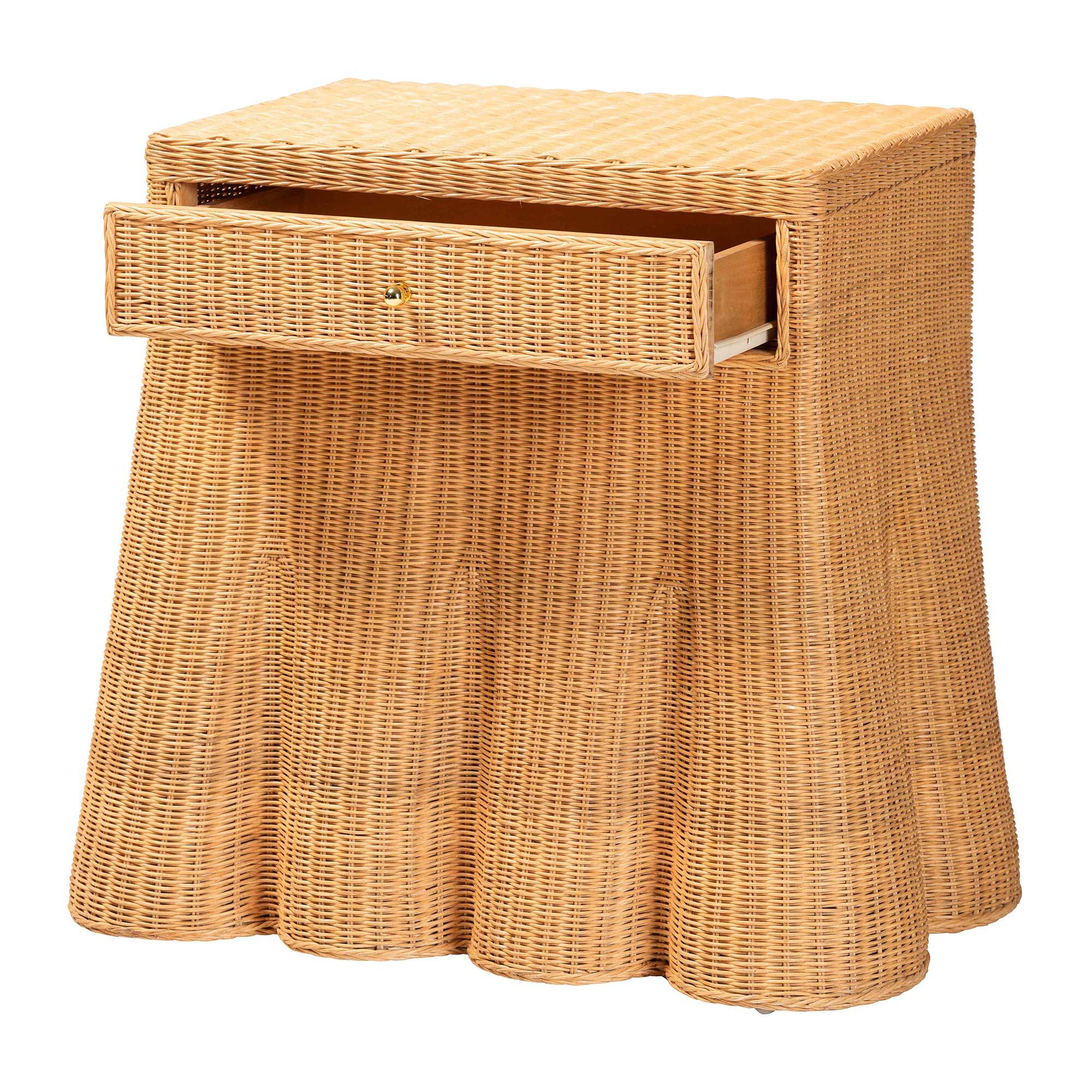 Angle. bali & pari - Chica Scalloped Natural Rattan Console Table with Drawer - Handwoven Wicker Accent Table, Rectangle - Light Honey.
