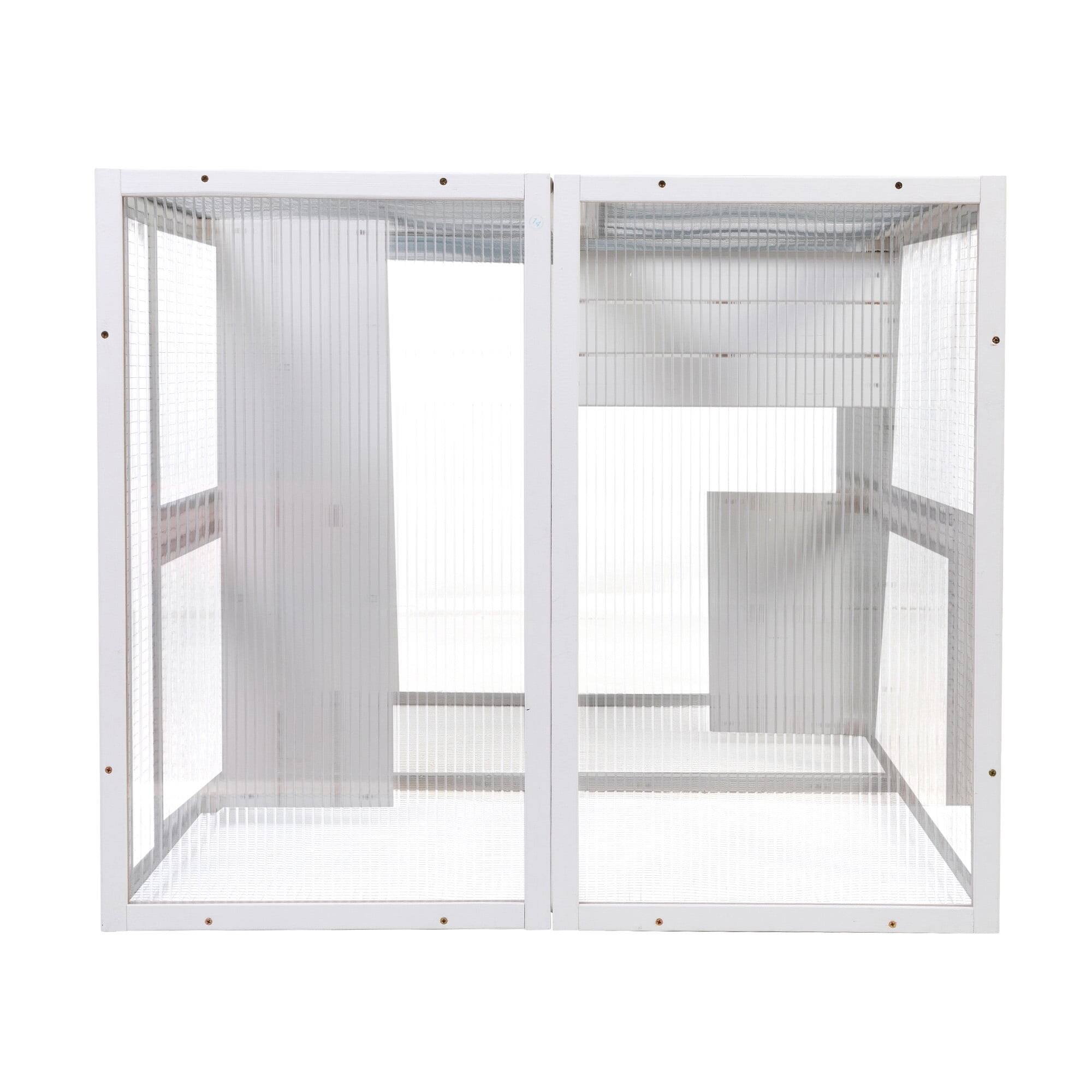 Left. Pefilos - 64" Cat House Outdoor Catio Cat Enclosures Wooden Kitty House with Platforms, Waterproof Roof, Hammock.
