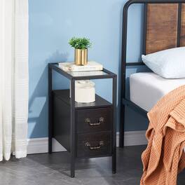 Vecelo - Glass Top Nightstand with Drawer - Narrow End Table with 2 Shelves, 11" Wide Bedside Table for Small Spaces - Black