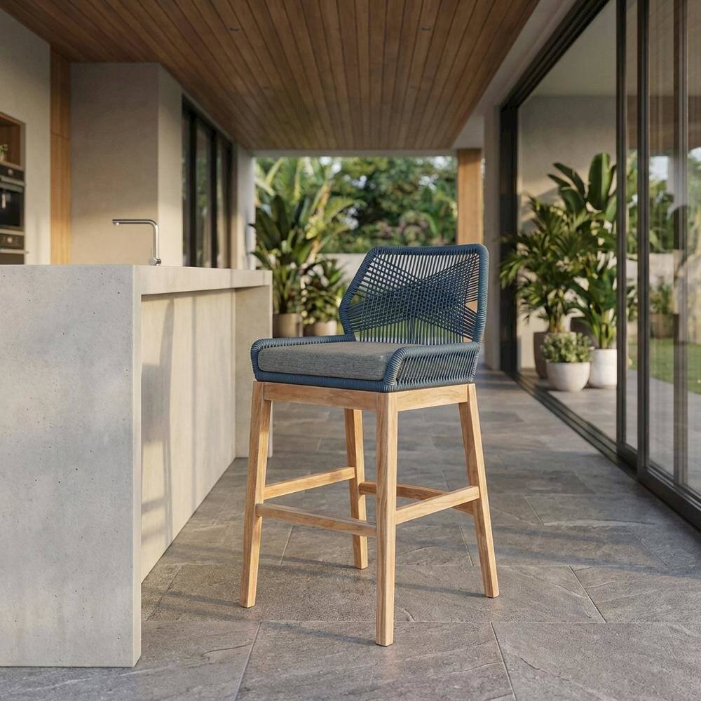 Angle. Outdoor Escape - Teak And Rope Outdoor Counter Stool With Weather-Resistant Finish For Patio - Blue.
