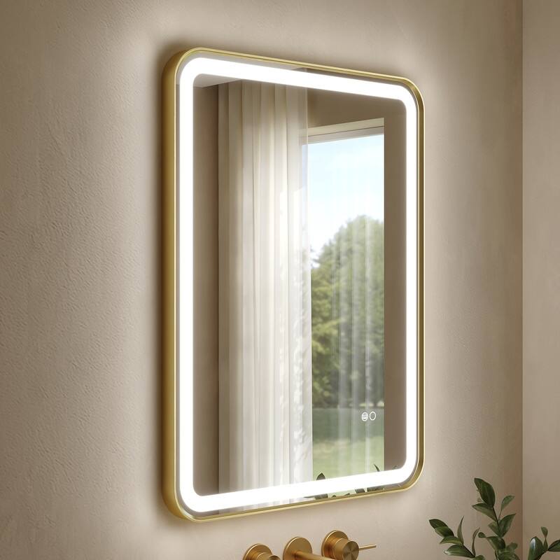 Angle. WELLFOR - 24 in. W x 32 in. H Anti-Fog LED Bathroom Mirror, Wall Bathroom Vanity Mirror with Framed Round Corner - Brushed Gold.