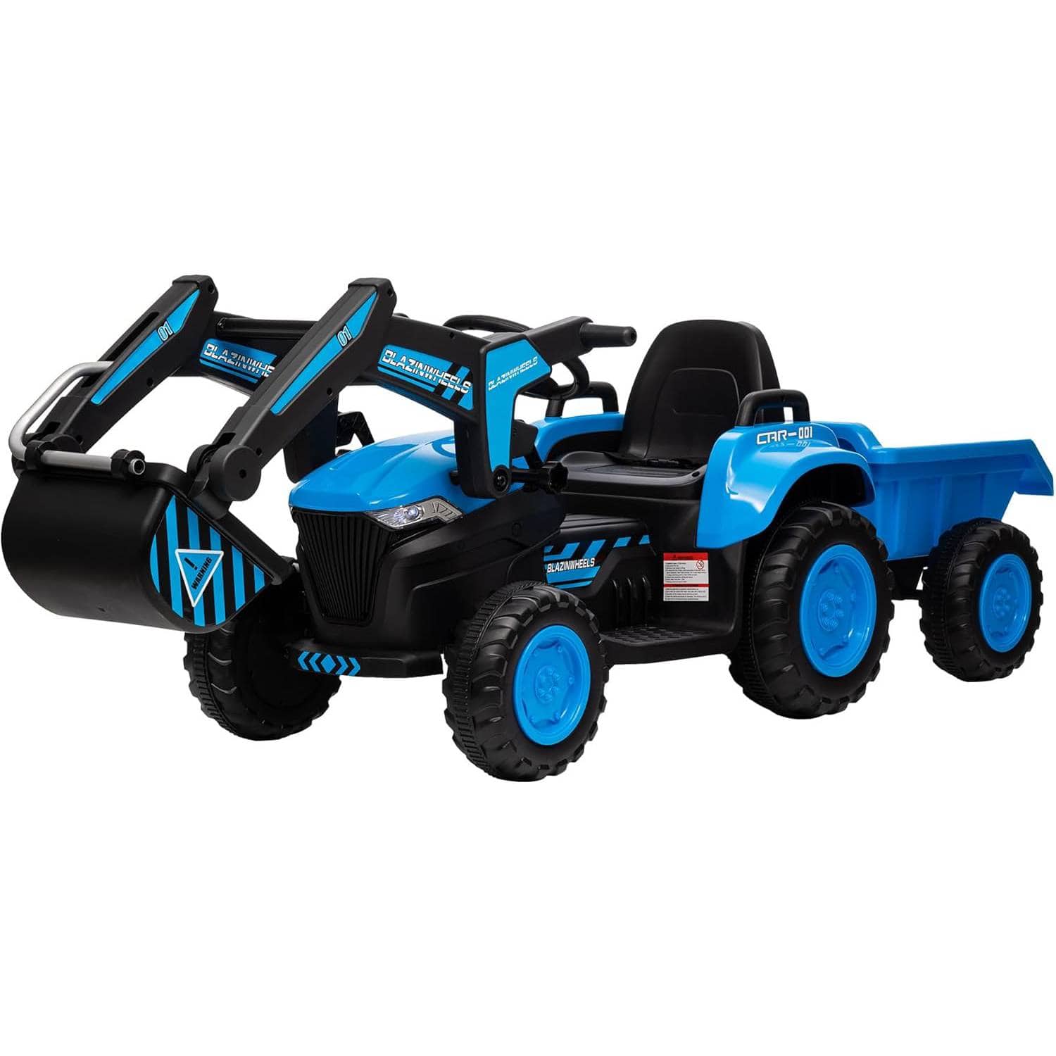 Qeetex - 12V Kids Ride-On Excavator Tractor, Electric Vehicles w/Detachable Trailer, Remote, LED, Music - Blue