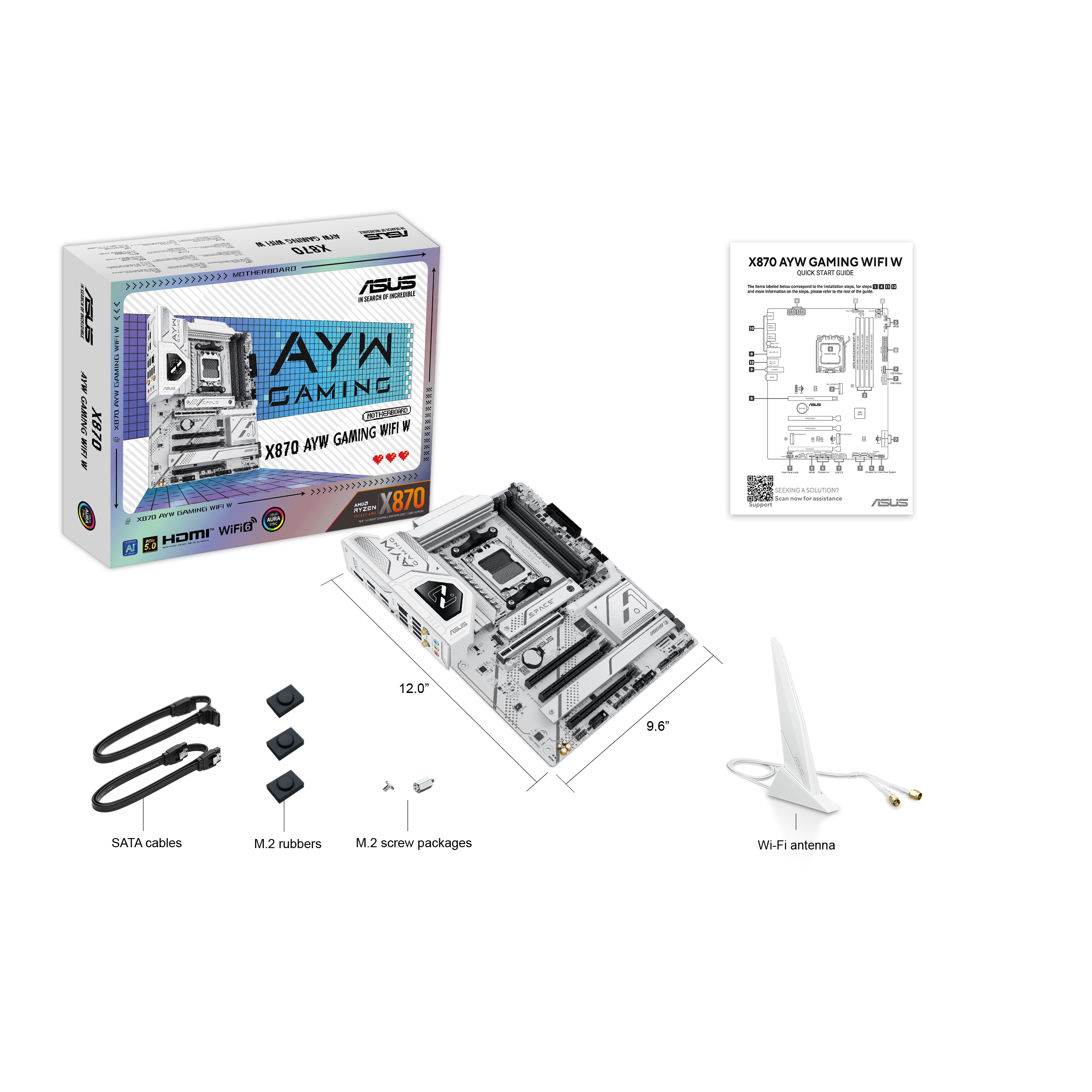 CRA247 X870 - - - n - Tm GLEK TIE0I2 ASUS - n .   I i AYW VOOO I :  CAMING 0 I WIFT W | AYW GAMING X870 23331 UNE . - .... - 870 sON. -  HOmr WIFIES Al L X870 AYW GAMING WIFI W a A AA I | | / .0DG - - + + - 14 + . - - I i - - - + a Coeen no I : - ee ASUS S

---

**ASUS**

**AYW GAMING**

**X870 AYW GAMING WIFI W**

**X870**

**12.0"**

**SATA cables**

**M.2 rubbers**

**M.2 screw package**

**X870 AYW GAMING WIFI W**

**SATA cables**

**M.2 rubbers**

**M.2 screw package**

**SEEING SOLUTION**

**ASUS**